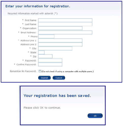 registration form screen (instructions are in text above) and confirmation image of: Your registraion has been saved