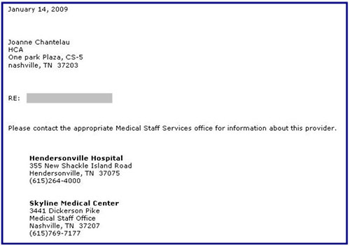 a letter regarding a physician that says to contact Medical Staff Services about the physician.